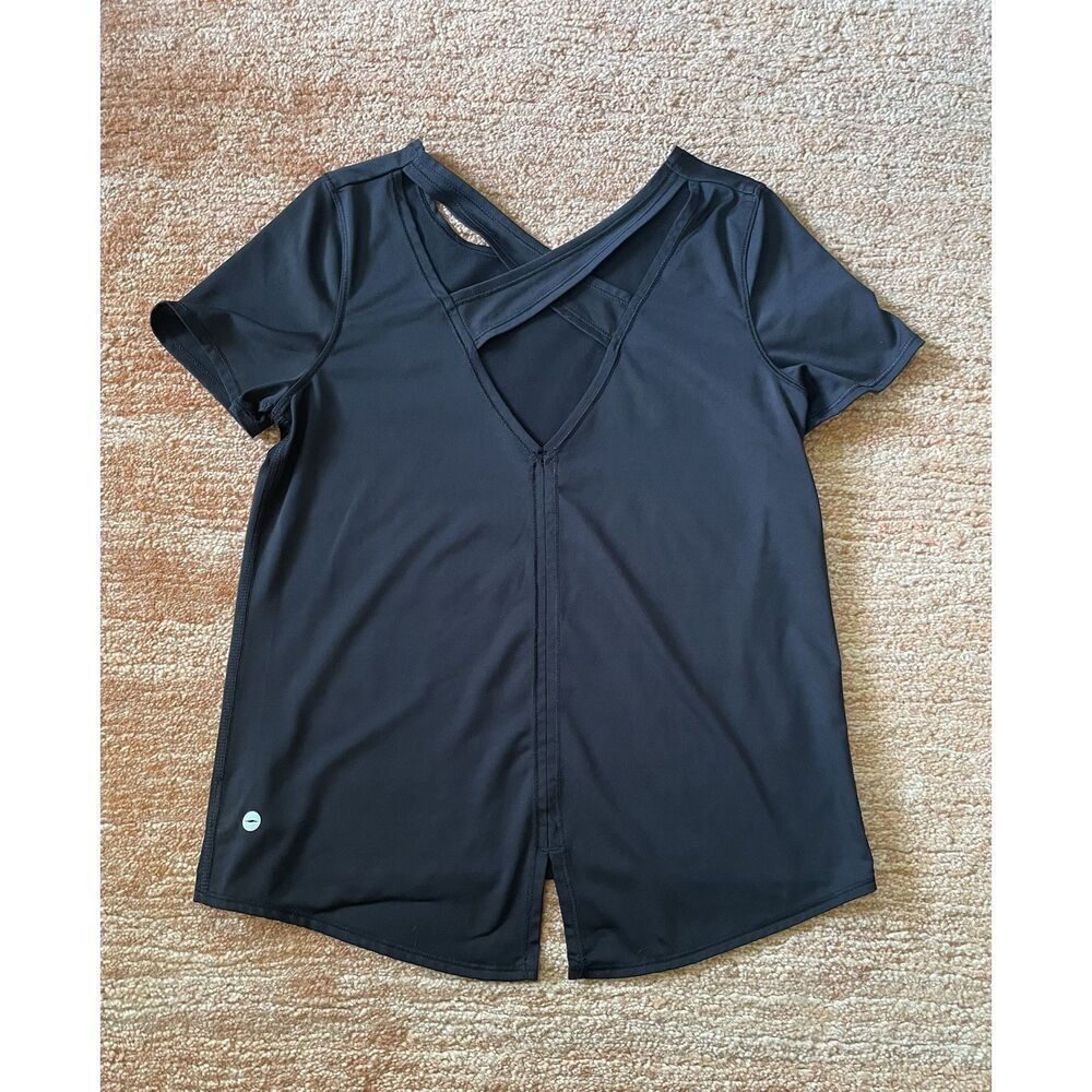 Avia Black Activewear Top L Cross Back Slit Hem Recycled Stretch Tee
